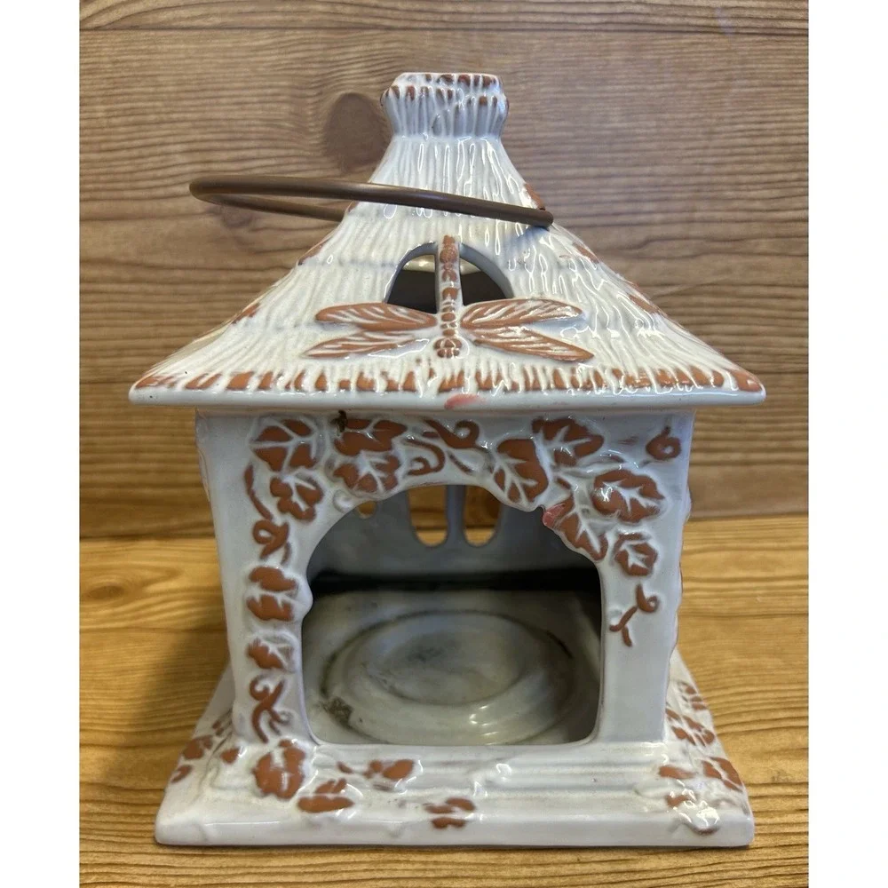Partylite‎ Pottery Dragonfly White Terra Cotta Candle Lantern Hut Leaves - Picture 3 of 7